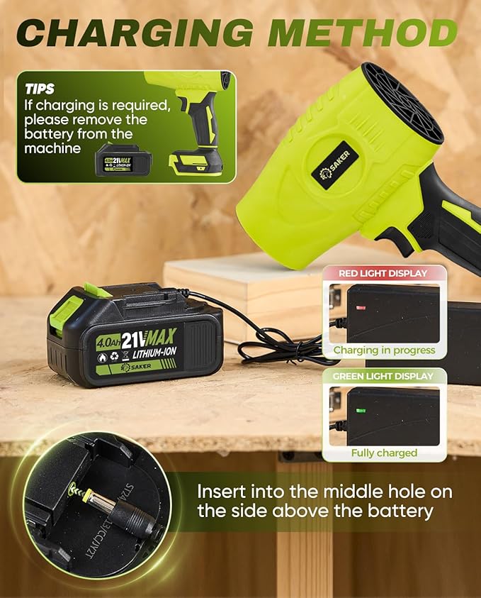 Saker Cordless Leaf Blower Portable Dust Cleaner Handheld Blowers 2 x 4.0Ah Batteries 180000 RPM Air Duster with Adjustable Speed for Drying Patio Cleaning Green
