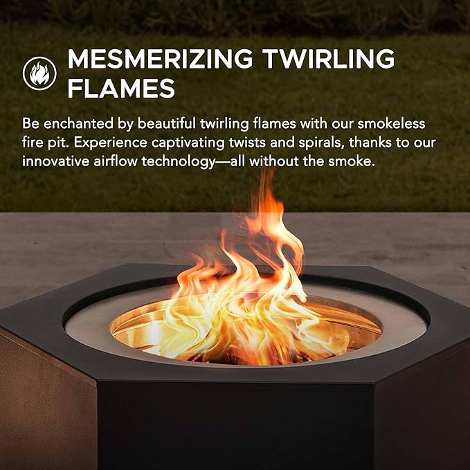 Sunjoy Fire Pit Smokeless 26 in. Hexagonal Outdoor Fire Pit, Patio Wood Burning Smokeless Firepit w/PVC Cover and Fire Poker, Ideal for Camping, Bonfire, and Backyard, Black
