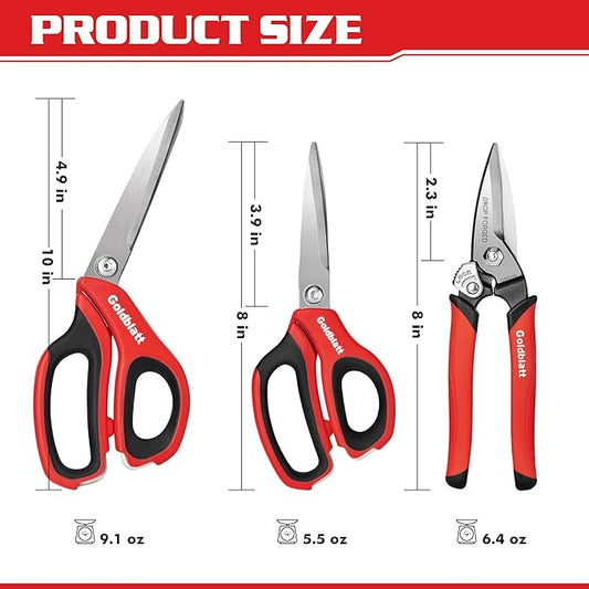 Goldblatt 3PCS Heavy Duty Scissors, Multipurpose Shop Scissors, Drop Forged Blades with Small Serrations, Comfortable Handle for Easy Cutting Cardboard, Wires, Leather, Fabric