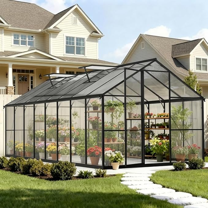 8x16 FT Outdoor Greenhouse, Aluminum Frame Quick Lock System, Large Walk-in Garden Greenhouse for Vegetables, Flowers & Plants, with Sliding Door & Screened Vent Window, Black