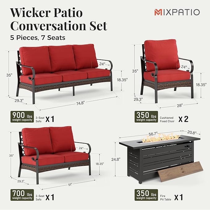 Patio Furniture Set with Firepit Table, Black Frame Outdoor Conversation Set with 2 x Fixed Chairs, 1 x 2-Seat Sofa, 1 x 3-Seat Sofa for Lawn Garden Backyard, Red