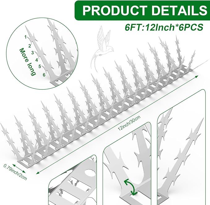 Bird Spikes for Outside, 6 Pack Stainless Steel Squirrel Spikes & Baffles for Garden, Deter Birds Pigeon Squirrel Cat Raccoon Snake from Fence Roof Window Bird Feeder Poles (6FT)