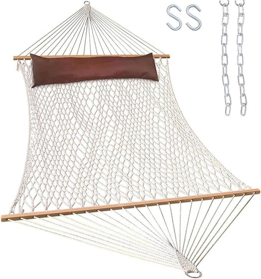 Lazy Daze Hammocks 12FT Double Rope Hammocks, 2 Person Hand Woven Cotton Hammock with Pillow and Spreader Bar for Outside, Patio, Poolside, FIT 13-15 Foot Stand, Max 450 Lbs, Natural, 141 x 57 inches