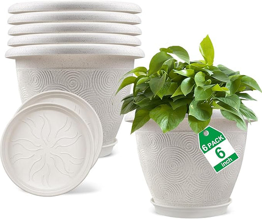 6 Inch Flower Pots Planters for Indoor Outdoor Plants, 6 Pack Plastic Small Plant Pots with Drainage Hole & Tray, Modern Decorative Garden Pot with Saucer, Plant Container for House
