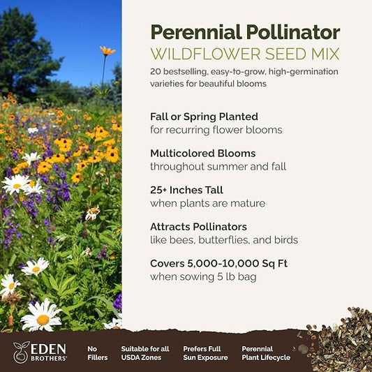 Eden Brothers Perennial Pollinator Wildflower Mixed Seeds for Planting, 5 lbs, 2,400,000+ Seeds with Blue Flax, Coneflower | Attracts Pollinators, Plant in Spring or Fall, Zones