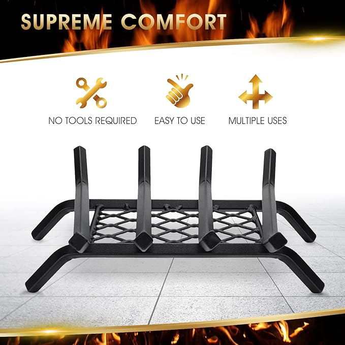 G GOOD GAIN Fireplace Grate with Ember Retainer, 15.5" Heavy Duty Cast Iron Indoor, Chimney Hearth Wood Stove Burning Rack Holder,1/2” Bar Fire Place Asseccories for Outdoor, Fire Pits, Camping.