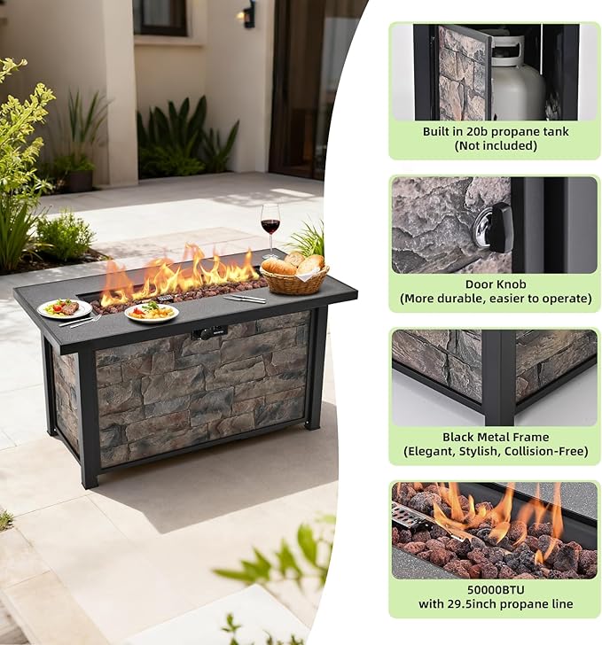 48" Propane Gas Fire Pit Table，Metal Tabletop & Polyresin Stone Look Base, with Metal Lid,Lava Rocks & Waterproof Cover, for Outside ，50000 BTU, Wide Top Surface,Christmas