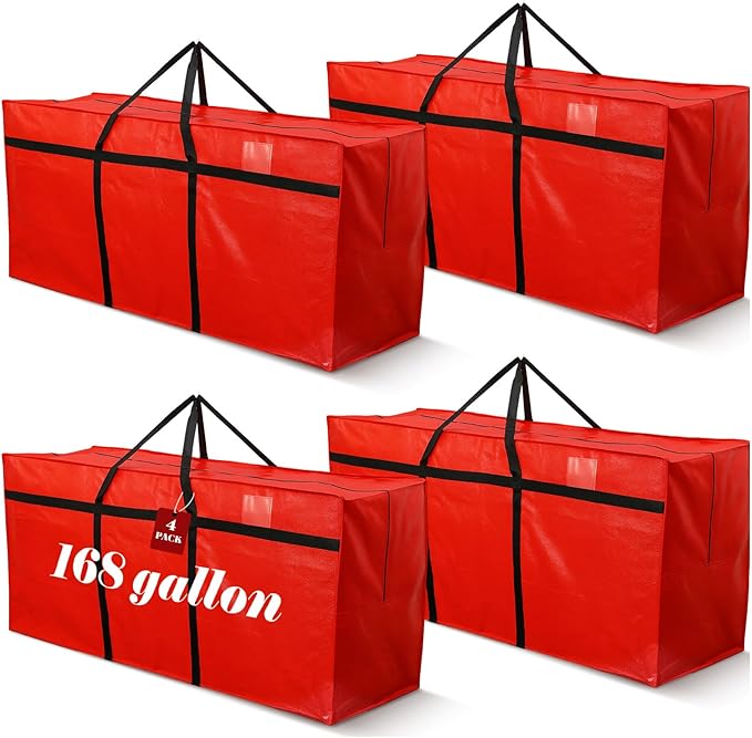 Windyun 4 Pack 168 Gallon Extra Large Storage Bags XXL Moving Bags with Zipper Handles Heavy Duty Jumbo Big Tote Box for Christmas Tree Storage 4, 5, 7.5, 9, 10, 12 ft Skeleton College Dorm(Red)
