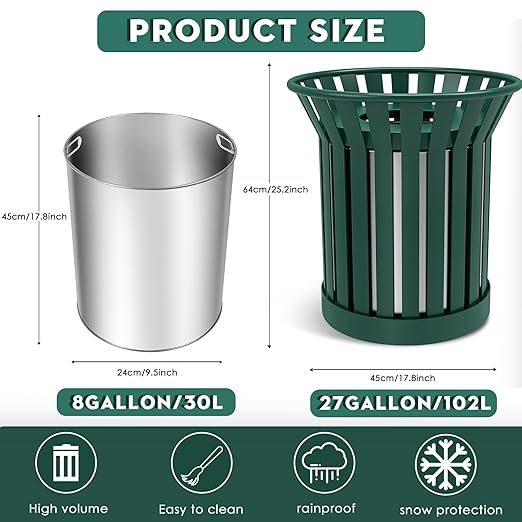 25.2IN Round Large Outdoor Trash Can, Heavy Duty Metal Slatted Garbage Can Outdoor, All Weather Resistant Commercial Garbage Cans, Waste Receptacle in Park, Beach, Patio, Green