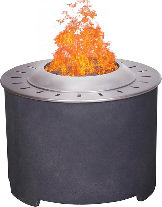 Afterglow Smokeless Fire Pit, 20.5" Round Wood Burning Stainless Steel Top & TerraFab Base, Firepit with Weather Cover Perfect for Outdoor Patio Garden, Dark Grey