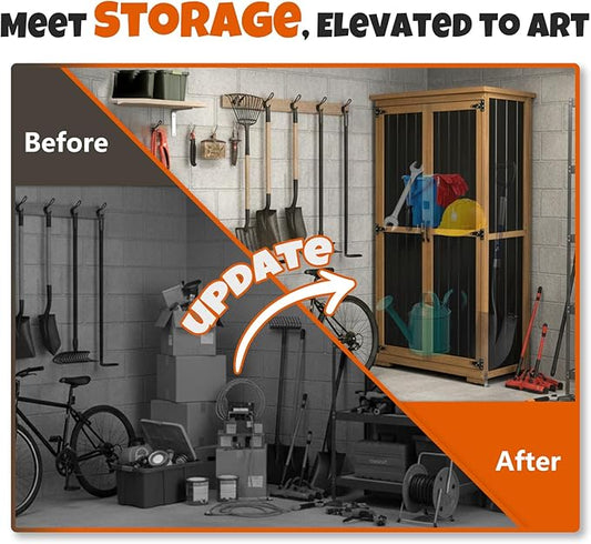 Outdoor Storage Cabinet with Shelves, Wood & Metal Storage Shed with Weatherproof Roof, 3 Removable Shelves, Double Lockable Doors, Adjustable Feet, Outside Storage Cabinet for Garage, Patio, Backyard