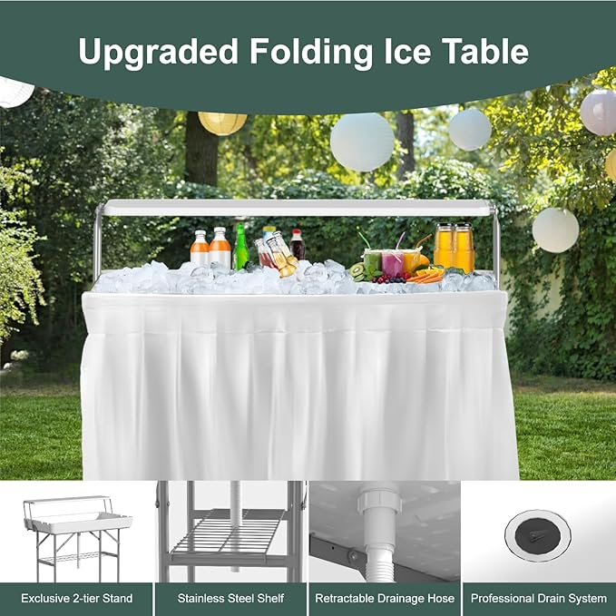 IWDOO Ice Cooler Table with Drain, Two-Tier Plastic Folding Tables, with Removable Matching Skirt and Shelf, Indoor Outdoor Use for Party Camping Picnic Fishing Cleaning, 440 lbs Capacity