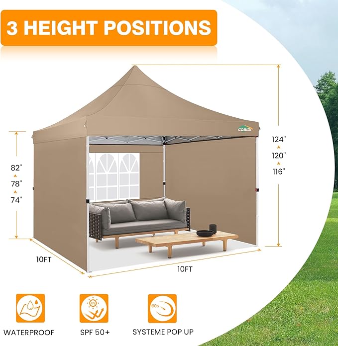 COBIZI 10x10 Pop Up Canopy with 3 Sidewalls, Canopy Tent 10x10 for Parties, Backyard, Commercial, Waterproof and Portable Instant Shelter UV50+ Ez Outdoor Canopy Gazebo with 4 Sandbags(Khaki)