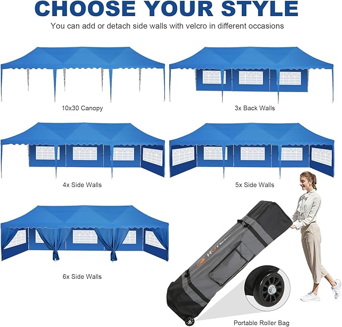 HOTEEL Pop Up Canopy 10x30 Large Party Tent with 8 Sidewalls, Portable Outdoor Canopy with Roller Bag,Sandbags,UV Resistant Waterproof, Easy Up Tents for Parties, Backyard, Wedding, Event, Blue