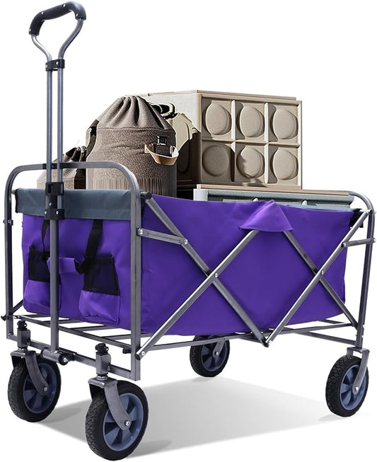 150 LBS Collapsible Wagon Cart, Large Capacity Utility Cart with All-Terrain Wheels, for Camping, Garden, Shopping and More, Purple