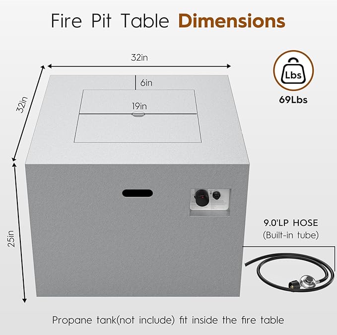 32 Inch Outdoor Fire Pit Table, 50,000 BTU Square Propane Fire Pit with Lid, Lava Rocks, Weatherproof Cover, Alloy Steel Gas Fire Pits for Outside Patio, CSA Certified, Gray