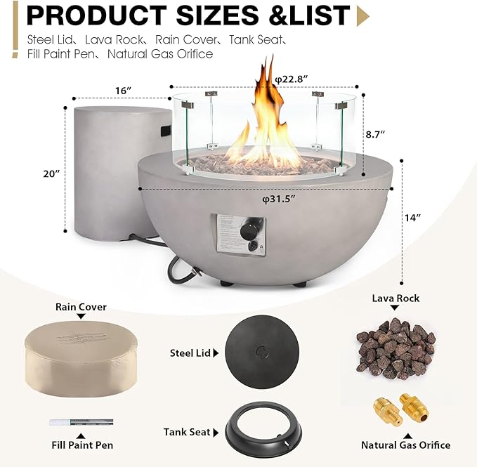 31.5inch Round Propane Fire Pit Table with Tank Cover Wind Guard, 3 Pieces Outdoor Natural Gas Firepit Set 50,000 BTU Concrete Fire Bowl for Outside Patio, Deck, Backyard, Garden, Gray