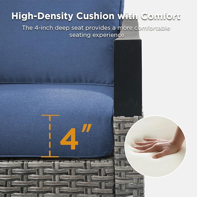 Wicker Outdoor Patio Furniture Set - 9 Pieces Patio Conversation Sets with Wicker Swivel Rocker Chairs, Deep Seat Sectional Sofa with Thick Cushions Ottomans for Porch Balcony Deck Gray/Blue
