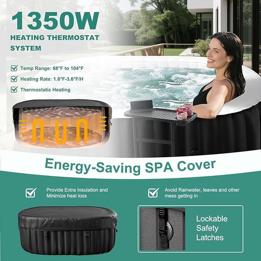 DoCred 1-2 Person Inflatable Hot Tub, 75" X 47" X 25" Oval Blow Up Portable Hot Tub with 100 Bubble Jets, Large Outdoor Spa Bathtub Set Included Heater Pump, Insulated Cover and Side Table