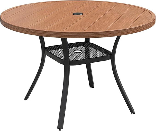 VICLLAX Round Patio Dining Table, 41 inch Metal Outdoor Dining Table with Umbrella Hole for Garden Lawn Balcony Deck, Walnut