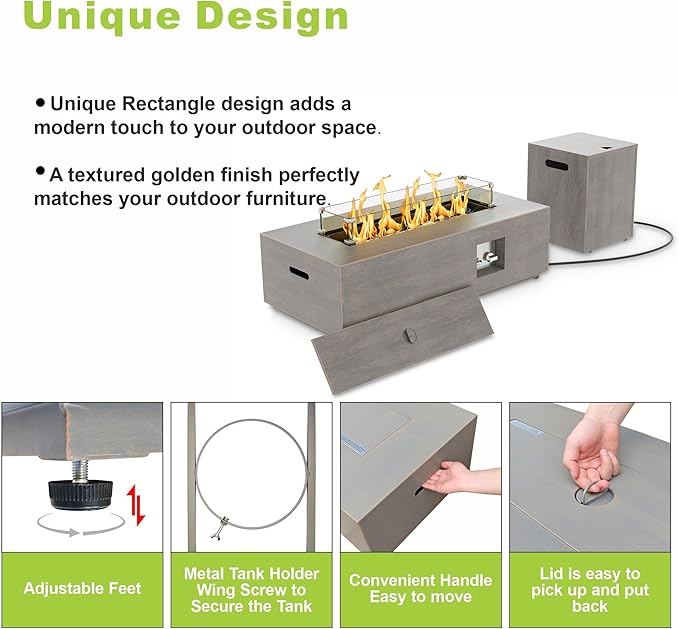 Dineli 2-Piece Outdoor Propane Fire Pit Table Set w Tank Table 42'' Rectangular Firepit Gas Fire Pits for Outside Patio Table Fire Pit w LED, 50,000 BTU (Gray, with RGB Light)