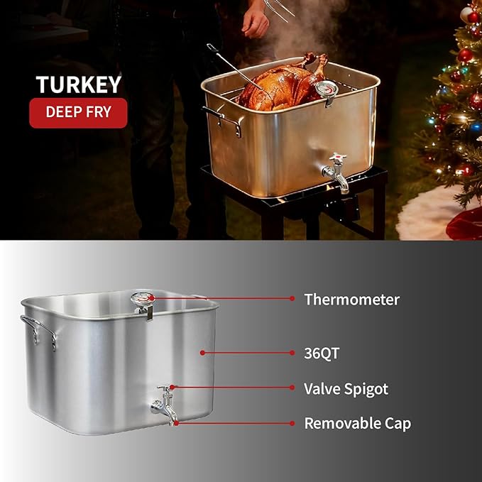 36QT Aluminum Deep Fryer Pot with Baskets &Spigot，Durable Rectangular Fish Fryers with Thermometer，Complete Outdoor Cooking Kit for Frying Fish,Chicken Wings,French Fries,Turkey