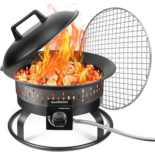 19″ Outdoor Portable Propane Fire Pit with Grill Grate, Cover&Carry Handle,Fireplace,60,000 BTU Propane Firepit,Portable Gas Fire Pit for Outside Patio, Camping,RV, Smokeless Gas Firebowl