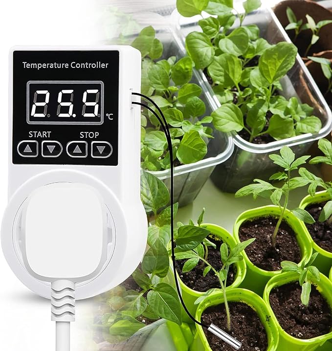 Digital Thermostat Plug Socket, Only Celsius Display LCD Screen Temperature Controller with Waterproof Sensor Probe, Heating Cooling Temperature Switch Outlet for Reptile Greenhouse Terrarium