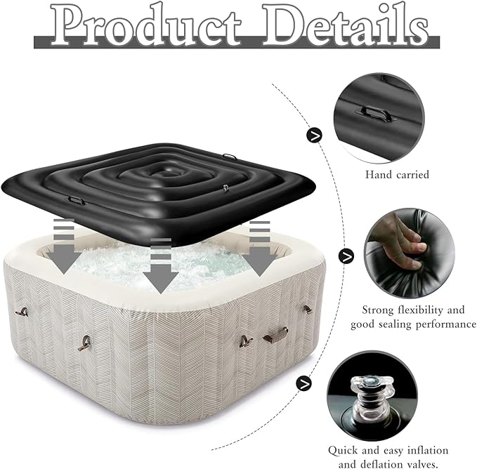 4.4Ft Inflatable Hot Tub Cover with Handle,Energy Saving Lid for Square Hot Tub,Outdoor Inflatable Hot Tub,Foldable Protective Rain Overflow Cover for Inflatable Outdoor Hot Tubs