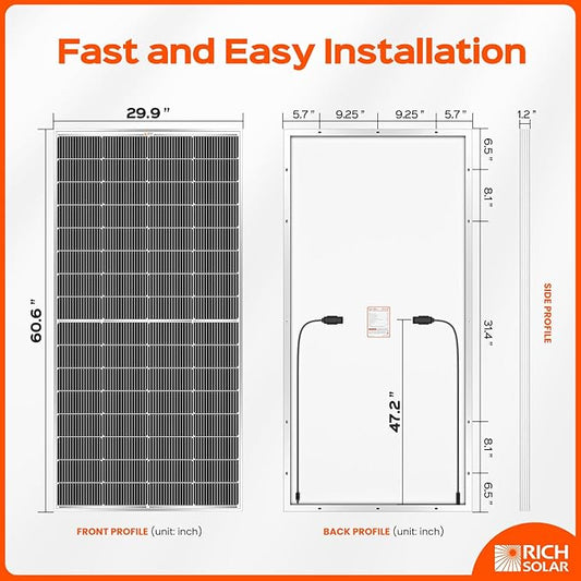 RICH SOLAR 250 Watt 12 Volt 16BB Cell Monocrystalline Solar Panel N-Type Cells High Efficiency Solar Module for RV Trailer Camper Marine Off Grid
