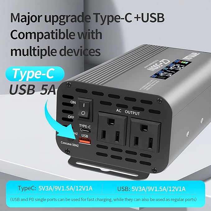 500W Pure Sine Wave Inverter (1000W Peak), 12V/24V Auto-Detect, 50Hz/60Hz Switchable, LCD Display, Type-C Fast Charging, Silent Design, Overload & Overheat Protection for RV, Home (500W)