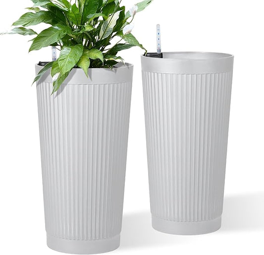 24" Tall Self Watering Planters for Indoor Plants, 2 Pack Large Plastic Outdoor Planter Pots with Built-In Water Reservoir and Level Indicator, Decorative Modern Flower Pots for Home & Patio (White)