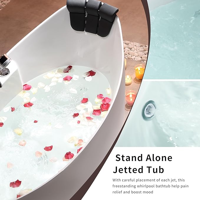 Empava Whirlpool Bathtub, 67-Inch Freestanding Bathtub Oval with 8 Hydromassage Adjustable Water Jets Luxury Acrylic Massage SPA Soaking Bath Tub in Double Ended, White
