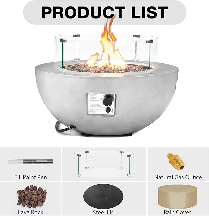 31.5 Inch Round Outdoor Propane Fire Pit Table,50000 BTU Concrete Fire Pit with Glass Wind Guard,CSA Certified,Includes Steel Lid & Weather Cover for Patio,Backyard,Deck Garden