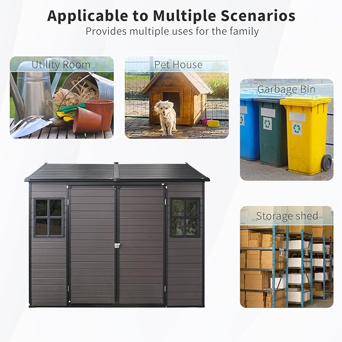 8x6 ft Outdoor Resin Storage Shed with Floor, Waterproof Plastic Garden Shed with Lockable Door and Two Windows, All-Weather Tool Sheds for Backyard, Patio, Lawn (Brown)