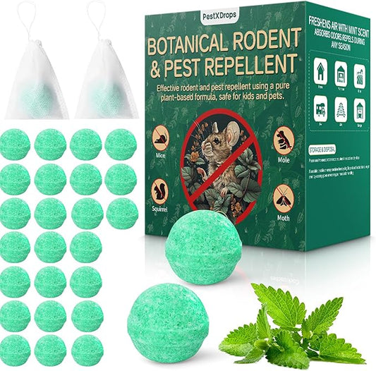 Rodent Mouse Repellent 28 pcs, Peppermint Oil Moth Balls for Mice Rats Deterrent, Natural Pest Control Mothballs for Rodents, Squirrels, Skunk, Mole, Gopher, Pets Safe, Indoor and Outdoor Use