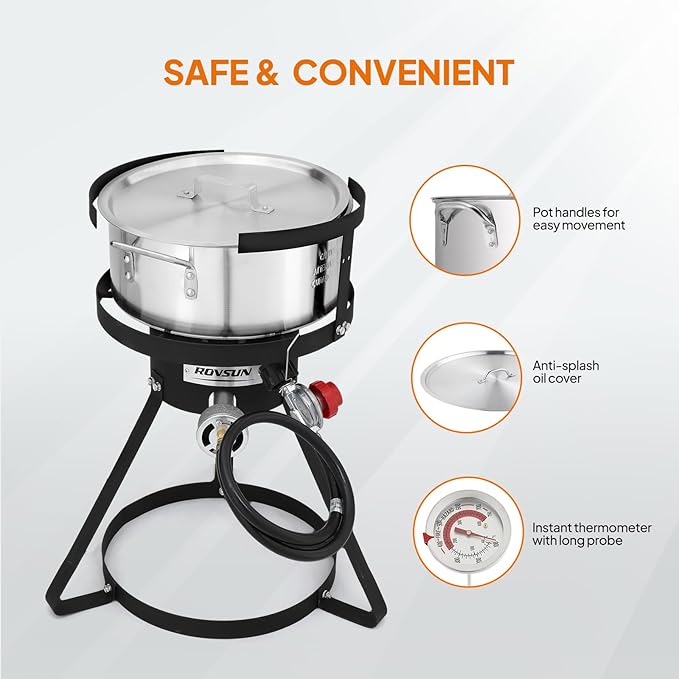 ROVSUN 10Qt Fish Fryer Pot with 55,000 BTU Propane Burner, 6.7Qt Strainer Basket, Thermometer & Lid, Aluminum Pot for Fish Chicken Wings, Seafood Frying & Outdoor Backyard Cooking