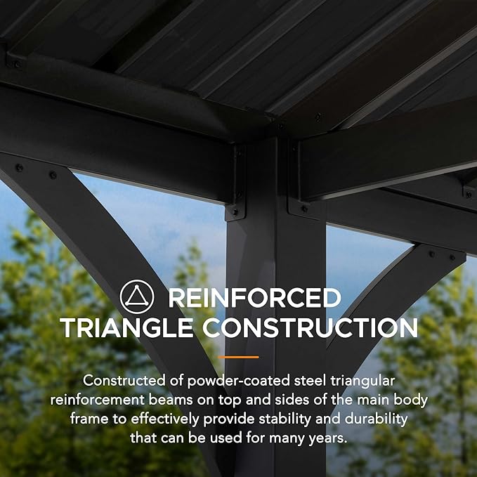 SUNJOY Carport 14 ft. x 20 ft. Hardtop Gazebo Heavy Duty Garage Car Shelter with Brown Powder-Coated Steel Roof/Black Frame and 2 Ceiling Hooks, Shade for Backyard, Patio Lawn and Garden