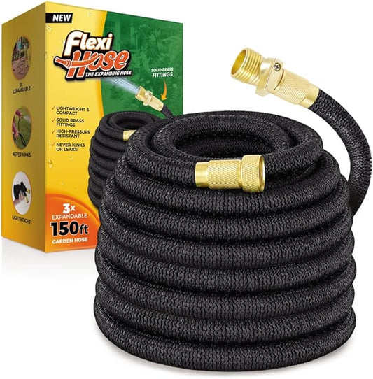 Flexi Hose Lightweight Expandable Garden Hose, 150FT -Retractable Garden Hose, Water Hose - No-Kink Flexibility, 3/4 Inch Solid Brass Fittings and Double Latex Core