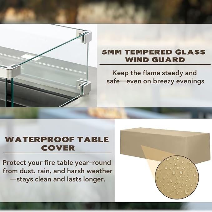 3-Piece 54" Outdoor Propane Fire Pit Table Set W 16" Tank Cover, 50,000 BTU Rectangle Concrete Fire Pit Coffee Table, Glass Wind Guard, Waterproof Cover for Patio, Backyard, Garden, Porch, Deck