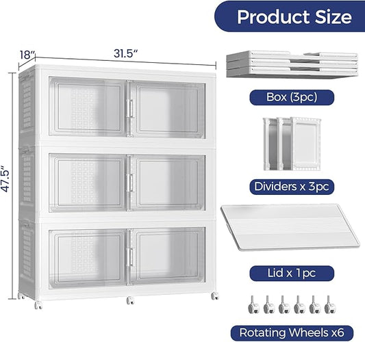 600 QT Extra Large Stackable Storage Bins with Lid, 150 Gal Collapsible Storage Box with Wheels, Folding Closet Organizers and Storage Cabinet with Doors for Home, Kitchen, Office, 3Pack White