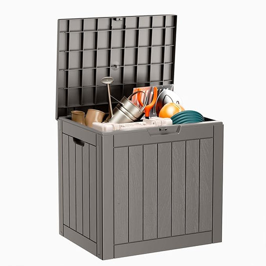 ROJIK Outdoor Storage Housing Deck Box - Waterproof Patio Furniture, Garden Tools, Cushions, Pool Accessories Storage Bench with Lockable Lid and Side Handles (Grey, 30 Gal)