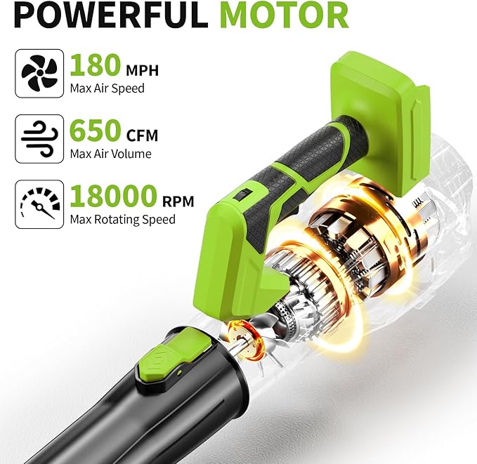 FULLYEA Cordless Leaf Blower 650CFM/180MPH, 21V Electric Leaf Blower with 3 Tubes & 2 x 4.0Ah Batteries, 6 Speed Modes, Battery Powered Leaf Blowers for Cleaning Patio, Yard, Garage, Lawn (Green)