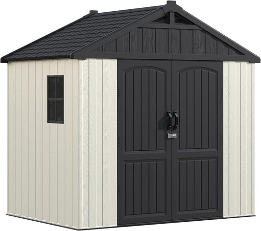 Devoko Plastic Outdoor Storage Shed with Floor, 8 x 6 FT Resin Tool Garden Shed with DIY Window and Lockable Door, Outside Kick-it Shed for Patio,Garden, Backyard, Lawn, Beige