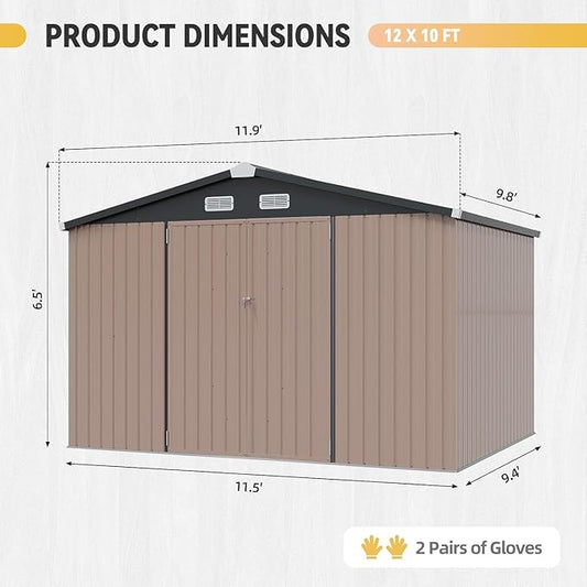 Aoxun 12x10 FT Galvanized Steel Outdoor Storage Shed - Metal Garden Shed with Double Doors, Thick Moisture-Proof Interlocking Floor, Ventilation System - Ideal for Generator & Tool Storage (Brown)