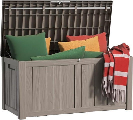 EasyUp 120 Gallon Outdoor Storage Box Waterproof, UV Resistant Resin Deck Box with Hydraulic Rod, Reinforced Stability for Patio, Garden, and Pool, Striped Gray