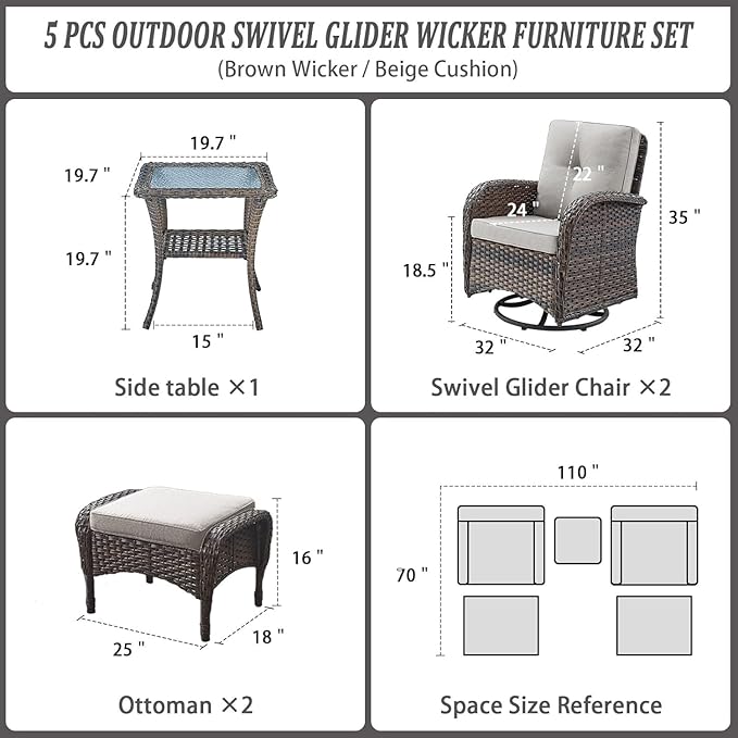 5 Piece Swivel Rocker Glider Outdoor Chairs Set of 2 with Ottoman and Glass Side Table Patio Bistro Furniture Set, Comfort High Back Wicker Patio Conversation Set for Deck Porch Sunroom