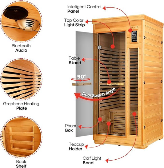 WILLOWYBE Infrared Home Sauna with Advanced Heating Panels, 7-Color LED Mood Lighting, Bluetooth Audio, Digital Control Panel, Premium Canadian Hemlock, Easy DIY Assembly, Compact Personal Spa