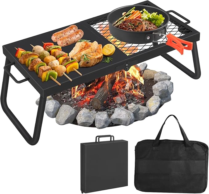 Portable Campfire Grill, Heavy Duty Steel Mesh Grate and Roasting Pan, Foldable, 22.4 x 11.2'' Camping Grates, Camping Essentials with Carrying Bag, for Outdoor Campsite & Party