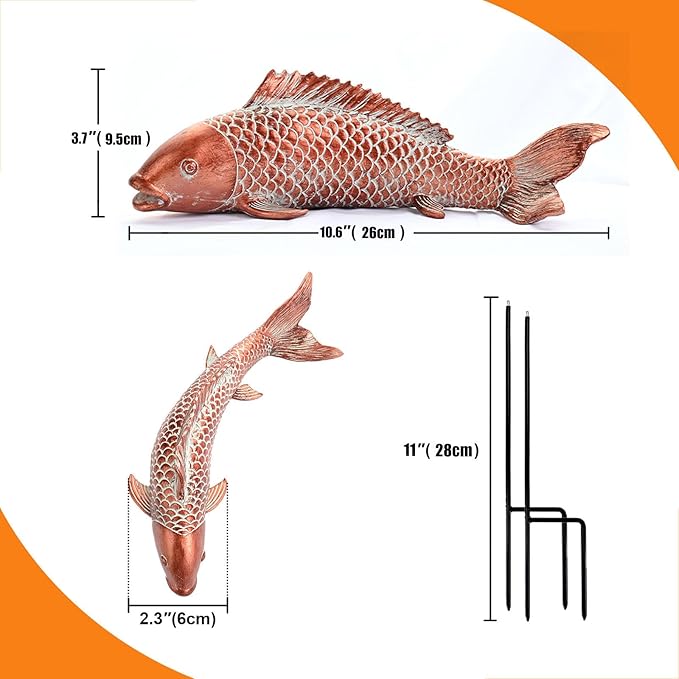 Wosuine Outdoor Statues Garden Koi Fish Decor, 2pcs Antique Copper Koi Fish Sculpture for Pond Lawn Patio Porch Yard Decor Home House Ornaments, Birthday Gardening Gifts for Grandma Women